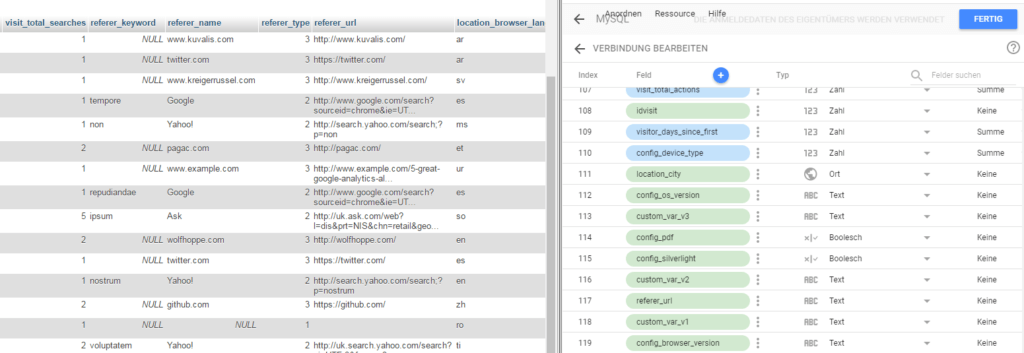 Compare the MySQL table with Data Studio fields